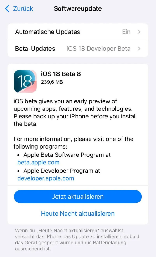 金山屯苹果手机维修分享苹果 iOS / iPadOS 18 开发者预览版 Beta 8 发布 